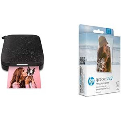 HP Sprocket pārnēsājamais 5 x 7,6 cm tūlītējais fotoattēlu printeris (melns) Sprocket Premium cinka līmlentes aizmugure fotopapīrs 2 x 7,6 cm, 100 loksnes, saderīgi Sprocket fotoattēlu printeri