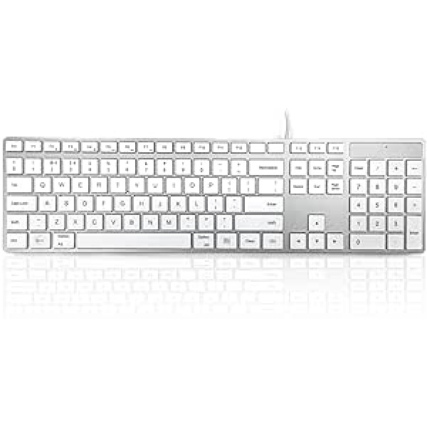 Accuratus 301 MAC USB Type C - USB Type C Wired Apple Mac Multimedia Keyboard Full Size with White Square Tactile Keys and Silver Case - UK Mac Layout