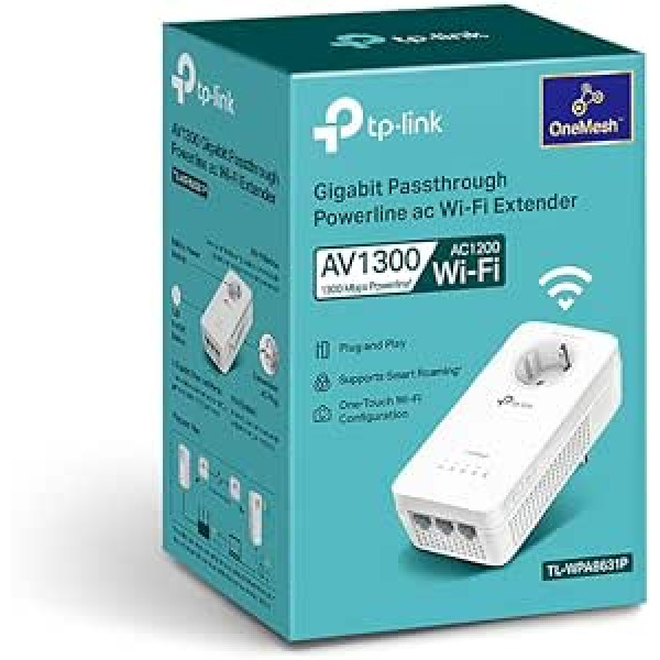 TP-Link WLAN elektrolīnijas adapteris TL-WPA8631P (divjoslu WLAN 1200 Mbit/s, AV1300 Powerline, ligzda, Wi-Fi klons, MU-MIMO, 3 gigabitu porti, Plug & Play, ideāli piemērots HD straumēšanai, lietotņu vadība) Balts