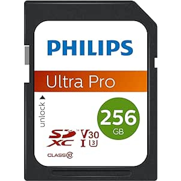 Philips Ultra Pro SDXC karte 256 GB UHS-I U3 Nolasa līdz 100 MB/s V30 SD karti kamerām, planšetdatoram, karšu lasītājam, 4K UHD video