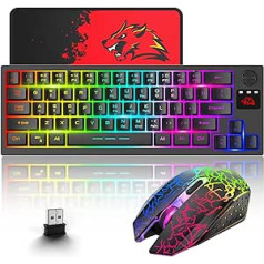 Bezvadu spēļu tastatūras un peles kombinācija, 64 taustiņi ar pogu RGB LED fona apgaismojuma tastatūra 4000 mAh Akumulators Uzlādējama 2400 DPI Rainbow Mute Mouse + peles paklājiņš PC Gamer - melns