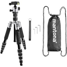 mantona Reisestativ Light Traveller, stabili Alumīnija I leichtes Kamera-Stativ, Kugelkopf + Wechselplatte (Arca Swiss kompatibel), 360° Panorama I Fotostativ als Tripod & Monopod, schwarz-grau