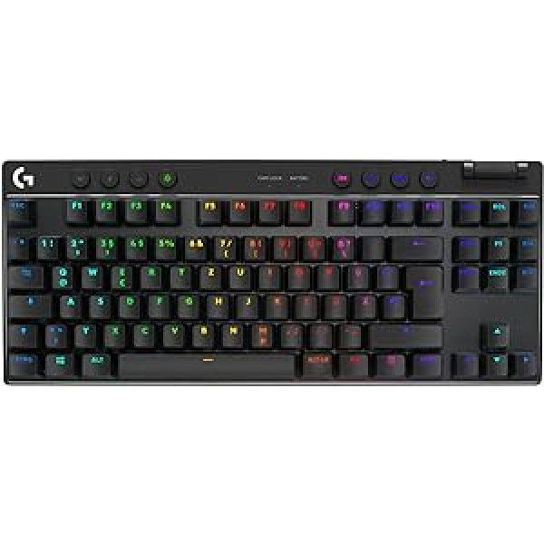 „Logitech G PRO X TKL LIGHTSPEED“ belaidė žaidimų klaviatūra, itin mobilus dizainas be skaitmeninės klaviatūros, „Lightsync RGB“, PBT klavišų dangteliai, lytėjimo jungikliai (GX ruda), vokiškas QWERTZ išdėstymas, juoda