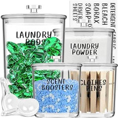 4 Pack Laundry Containers with Labels and Scoops - Washing Powder Storage for Detergent, Capsule, Tablet, Clips, Soap, Beads, Accessories - Laundry Room Organization and Organizer Solutions