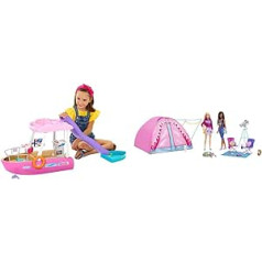 Barbie Dream Boat (111 cm) & Let's Go Camping Zelt, 2 Puppen, 1x blond, 1x schwarz, Zubehör, Hase, Eichhörnchen, Geschenk für Kinder, Spielzeug ab 3 Jahre, HGC18