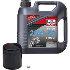 Harley-Davidson motociklu eļļas maiņas komplekts — Premium 5 eļļas filtri + Liqui Moly HD sintētiskā motoreļļa 20W-50 (4L) + blīvgredzena blīve, melns/Liqui Moly