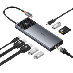 10in1 centrmezgla adapteris USB-C uz HDMI / USB-A / USB-C / RJ45 / SD / TF / USB-C PD pelēks