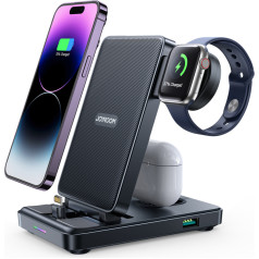 4in1 uzlādes stacija iPhone AirPods Apple Watch USB-A, salokāms, melns