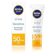 Nivea Sun UV veido raminamasis jautrus kremas SPF50 (50 ml), jautrus veido kremas nuo saulės, apsauga nuo saulės jautriems ekranams, kremas nuo saulės 50 su ypač spektro apsauga