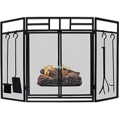 ATR Fire Guard with Fireplace Tool Kits, 3 Panel Fireplace Guard, Large Steel Mesh with Open Fire Doors, Solid Wrought Iron, Fire Guard 123cm × 79cm