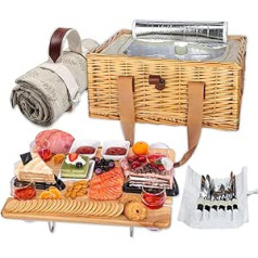 Hap Tim 4 Person Wicker Picnic Hamper with Folding Mini Wine Picnic Table and Large Insulated Cooler Bag and Cutlery, Service Kits for 4 People, Couple Gifts
