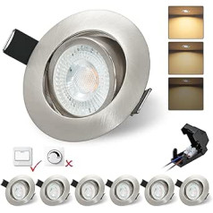 BOYIR LED padziļināts prožektors, 230 V, plakans, 3 līmeņi, aptumšojami LED prožektori, 6 W, IP44, vannas istabas griestu prožektori, diametrs 68 mm, padziļinātas gaismas, 3000 K, silti balts, 600 lm, pagriežams padziļināts