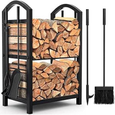 Amagabeli Firewood Rack, Firewood Rack with 4 Fireplace Tools, 74 x 40 x 30 cm, Firewood Stand for Indoor and Outdoor Use, Wood Rack for Fireplace, Stove, Cutlery, Wrought Iron, Black