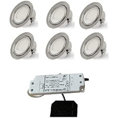 Rolux LED padziļināta gaismas matēta hroma 58 mm caurums 2,5 W 12 V silti balts, īpaši plakans, savienojams ar AMP vai Mini-AMP spraudņu sistēmu (6 komplektā)