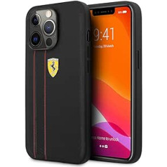 CG MOBILE Ferrari iPhone 13 Pro juodas dėklas su dviem raudonomis linijomis, natūralios odos apsauginis dėklas su lengvai prisegamas, amortizatorius ir logotipas