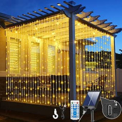 GCMacau Outdoor Solar Fairy Lights, 6 x 3 m, 600 LED aizkaru gaismas, laikapstākļiem izturīgas āra saules gaismas pasaku gaismas, 8 režīmi, modernizēts saules panelis ar USB barošanas avotu, saules enerģija dārziem, Ziemassvētki