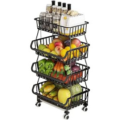 BRIAN & DANY daržovių lentyna, 4 pakopų sukraunamas vaisių krepšelis, daržovių saugykla su rakinamais ratukais ir 5 S formos kabliukais virtuvei, sandėliukui, vonios kambariui, garažui