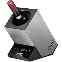 CASO WineCase One Inox dizaina vīna dzesētājs vienai pudelei, temperatūras diapazons no 5-18°C, pudelēm līdz 9 cm diametrā, sensora pieskāriena darbība, nerūsējošā tērauda korpuss, mazs