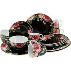 CreaTable Black, 22419, sērija Enjoy Roses, 16 daļiņu trauku komplekts, porcelāna trauku komplekts, drošs trauku mazgājamajā mašīnā un mikroviļņu krāsnī, ražots Eiropā