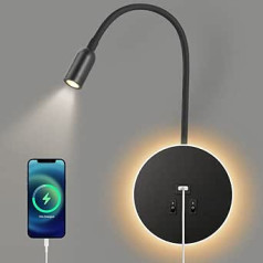 Awekliy 3 W + 8 W LED zosskakla lasīšanas lampa Sienas lampa USB uzlāde ar slēdzi Sienas lampa Gultas lampa Nakts gaisma iekštelpu lasīšanas gaisma Grozāmais sienas apgaismojums Guļamistabas gultas lampa 3000 K (melna)