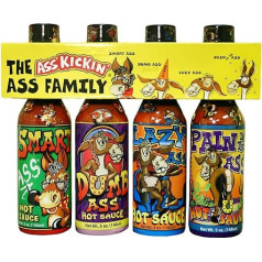 ASS KICKIN' The Ass Family Hot Sauce Gourmet Gift Set - 5oz. Iepakojumā 4 gabali - izmēģini, ja uzdrošināsi! - Lieliska gardēžu dāvana karstās mērces cienītājam.