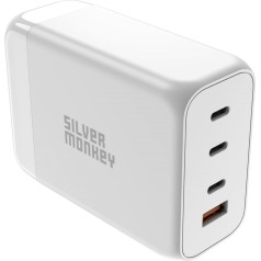 Silver Monkey Мощное сетевое зарядное устройство GaN 200 Вт с кабелем питания 3xUSB-C PD USB-A QC 3.0 белый