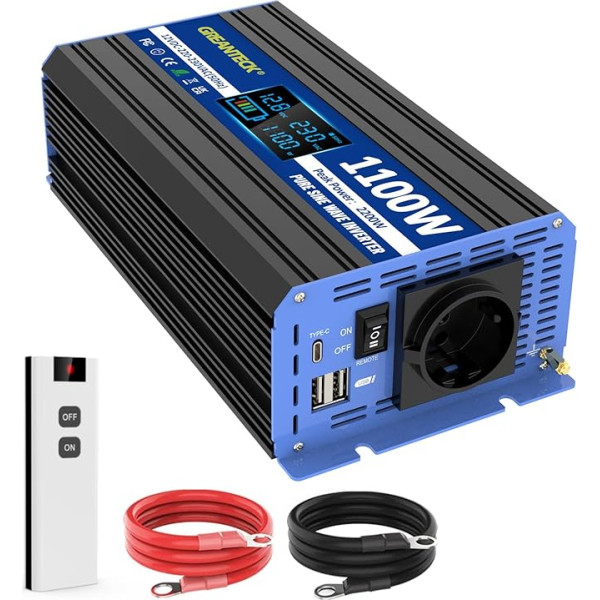 GREANTECK invertors 1100 W Pure Sine Wave 230 V, saules invertors ar C tipa, USB, LCD displeju, tālvadības pulti, ES rozetēm (12 V-1100 W)