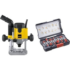 DeWalt 1100 W frēze (tukšgaitas apgriezienu skaits 8000-24000 min-1, frēzēšanas groza gājiens 55 mm, maksimālais frēzēšanas diametrs 36 mm, pilna vārpstas elektronika, mīksta iedarbināšana, iekļauts piederumu komplekts) + frēžu komplekts.