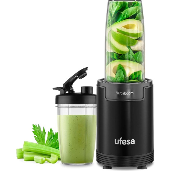 Ufesa BS2500 Nutriboom blenderis ar vienu krūzi, daudzfunkcionāls barības vielu ekstraktors, 900 W jauda, smūtijiem un kokteiļiem, iekļauti 6 piederumi, nerūsējošā tērauda asmeņi, melns