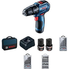 Bosch Professional GSB 12V-30 12V sistēmas bezvadu urbis ar āmuru (ieskaitot 2 x 2,0 Ah akumulatoru, lādētāju GAL 1240 CV, 7 gab. urbju komplektu kokam, 7 gab. urbju komplektu metālam, 25 gab. uzgaļu komplektu, instrumentu koferi)