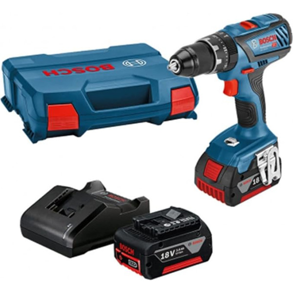 Bosch Professional 18 V sistēma GSB 18V-28 bezvadu triecienurbjmašīna, ieskaitot 2x GBA 18 V 3,0 Ah akumulatorus, GAL 18V-20 lādētāju, L-veida futrālī, zilā krāsā.