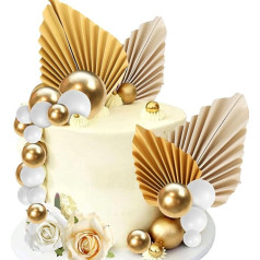 Xsstarmi 34 gabali Champagne Rose Cake Topper Palm Leaves Gold Mini bumbiņas Mākslīgo ziedu kūka Pick bohēmas Boho kāzu Bithday Valentīna diena puse DIY kūka rotājumi piederumi