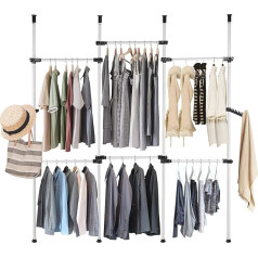 Greensen Telescopic Clothes Rack, Freestanding Telescopic Wardrobe System, Height Adjustable, Open Wardrobe with 6 Bars and 2 Adjustable Coat Hooks