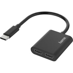 Hama USB C sadalītājs, USB C uz 2 x USB C adapteris 1 x USB C sieviešu dzimuma datu pārneses adapteris, 1 x USB C sieviešu dzimuma barošanas adapteris, USB C centrmezgls planšetdatoram, viedtālrunim, 2-in-1 audio lādēšanas adapteris austiņu, s