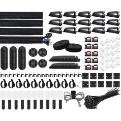 SOULWIT Kabeļu vadības komplekts, 4 kabeļu caurules, 7 silikona kabeļu turētāji, 20 + 2 pašlīmējošas kabeļu saites, 37 lielas kabeļu saites, 100 kabeļu saites, 20 kabeļu skavas, nagu skavas, 10 līmējoši pamatnes TV datoram