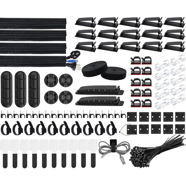 SOULWIT Kabeļu vadības komplekts, 4 kabeļu caurules, 7 silikona kabeļu turētāji, 20 + 2 pašlīmējošas kabeļu saites, 37 lielas kabeļu saites, 100 kabeļu saites, 20 kabeļu skavas, nagu skavas, 10 līmējoši pamatnes TV datoram