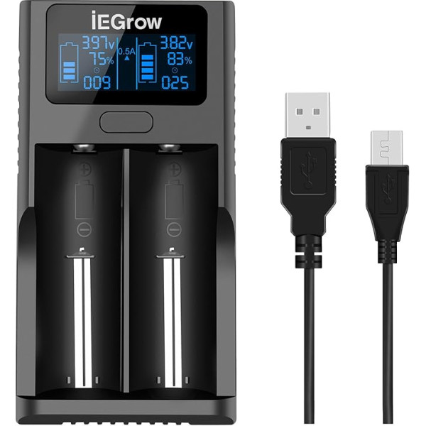 iEGrow 18650 akumulatoru lādētājs, LCD akumulatoru lādētājs ar USB pieslēgvietu 18650, 26650, 18500, 18350, 17670, 17500, 16340, 14500, 10440 3,7 V litija jonu akumulatoriem, 2 slots