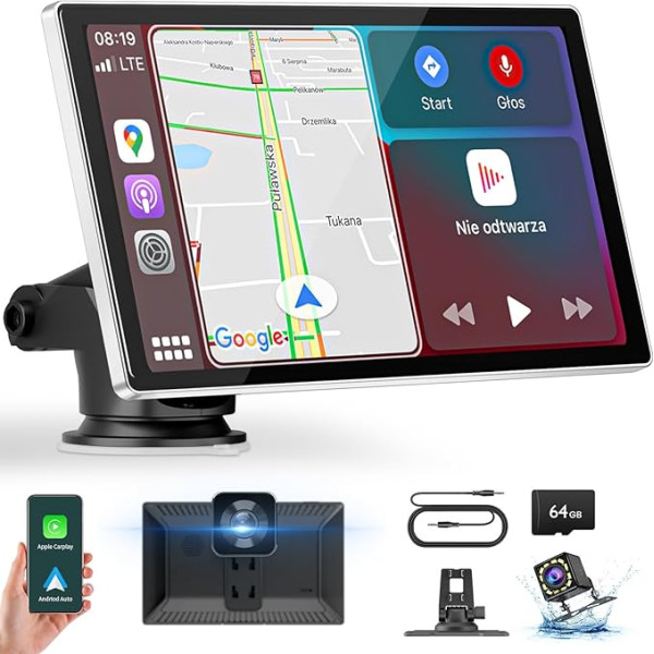 Goaanz Bezvadu A-pple Carplay displejs Android automašīnas ekrāns ar skārienjūtīgo ekrānu ar Dash Cam 4K + 1080P aizmugurējā skata kameru, pārnēsājamie auto radio ar Blutooth/Siri/GPS Navigat/Mirrorlink/64G SD