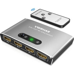 HDMI slēdzis HDMI sadalītājs, automātiskais 4K alumīnija HDMI slēdzis 3 in 1 Out UHD HDMI sadalītājs ar tālvadības pulti, HDMI slēdzis atbalsta 4K 3D HDR Fire TV Stick UHD TV PS4 Xbox DVD Blu-Ray