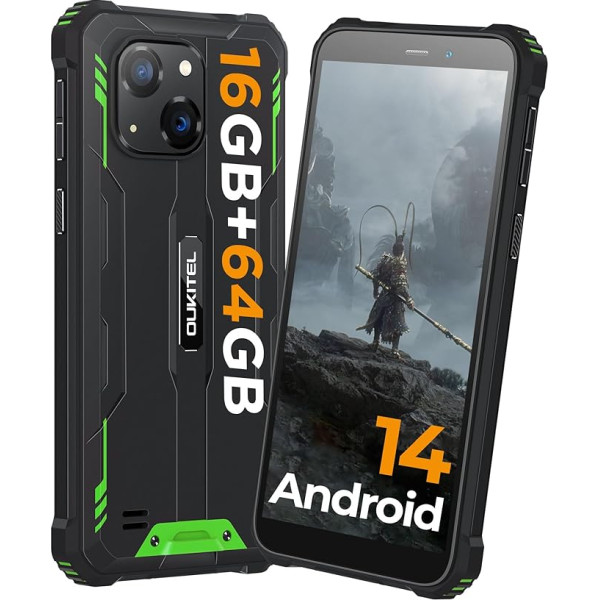 OUKITEL G2 Android 14 āra mobilais tālrunis bez līguma, 6 collu HD+ Octa-Core viedtālrunis, 16GB + 64GB 4G viedtālrunis, 6300mAh akumulators, IP68 ūdensizturīgs, 5+13MP kamera, Dual SIM, OTG Green