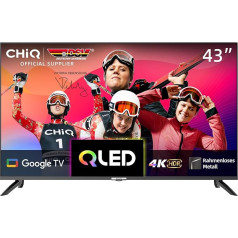 CHIQ U43QM8G 43 collu Smart TV ierīce, QLED UHD ar HDR, bezrāmju metāla dizains, Google TV, Dolby Audio, trīskāršs uztvērējs, 2.4G/5G WiFi, Google Assistant, HDMI 2.1, USB 2.0, modelis 2023 Black