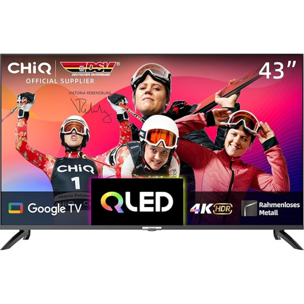 CHIQ U43QM8G 43 collu Smart TV ierīce, QLED UHD ar HDR, bezrāmju metāla dizains, Google TV, Dolby Audio, trīskāršs uztvērējs, 2.4G/5G WiFi, Google Assistant, HDMI 2.1, USB 2.0, modelis 2023 Black