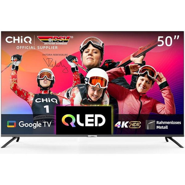 CHIQ U50QM8G 50 collu Smart TV, QLED UHD ar HDR, bezrāmju metāla dizains, Google TV, Dolby Audio, trīskāršs uztvērējs, 2.4G/5G WiFi, Google Assistant, HDMI 2.1, USB 2.0, modelis 2023 Black