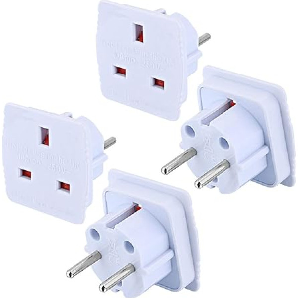 Welsberg 4 Pack UK to EU Travel Adapter, UK adapteris, UK to DE Travel Plug Power Adapter, UK 3-pin to Euro 2-pin European Socket, balts