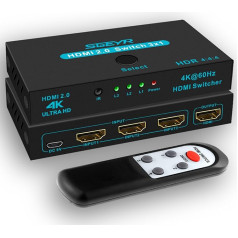 SGEYR HDMI sadalītājs, HDMI slēdzis, HDMI sadalītājs 4K @ 60Hz, HDMI slēdzis 3 in 1 Out, HDMI sadalītājs, HDMI vairāku spraudņu savienotājs, HDMI sadalītājs ar tālvadības pulti, HDMI kabeļu sadalītājs, PS4/3 Xbox Windows ierīcēm