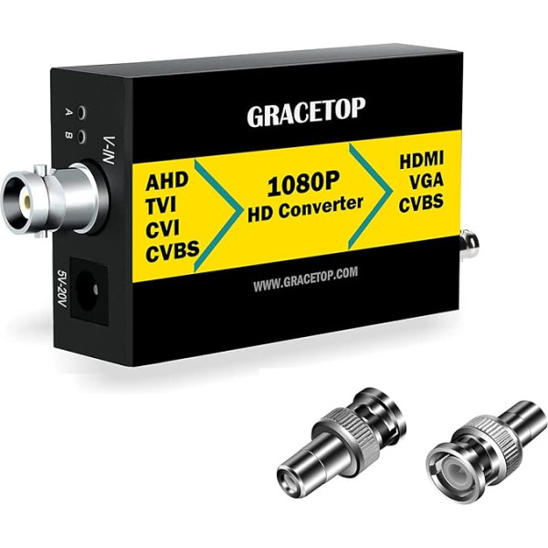 GRACETOP AHD uz HDMI pārveidotājs, RCA uz HDMI pārveidotājs 4-in-1 Composite CVBS TVI CVI AHD uz HDMI VGA CVBS BNC pārveidotājs Atbalsta 1080P/4MP monitoru HDTV DVR ierīcēm