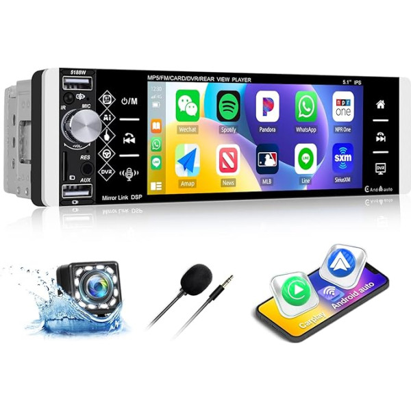 SIXWIN 1 DIN auto radio ar bezvadu CarPlay Android, 5.1 HD IPS collu skārienjūtīgais ekrāns ar Mirror Link FM radio USB/AUX in/TF karte DSP + atpakaļgaitas kameras mikrofons Tālvadības pults