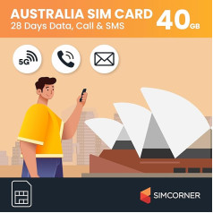 Austrālijas SIM karte (40 GB, 28 dienas) - Optus priekšapmaksas SIM karte ar neierobežotu minūšu un īsziņu skaitu uz Austrālijas tālruņiem - 3 in 1 4G Hotspot karte ar pieslēgvietu - standarta, mikro un nano SIM karte