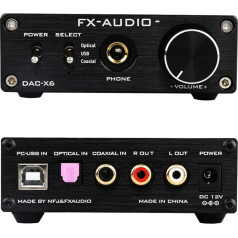 FX-Audio DAC-X6 Mini HiFi 2.0 ciparu audio dekodētājs DAC ieeja USB/koaksiālais/optiskais izeja RCA/ austiņu pastiprinātājs 24 bit/192 kHz DC12 V (melns)