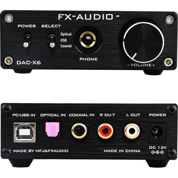 FX-Audio DAC-X6 Mini HiFi 2.0 ciparu audio dekodētājs DAC ieeja USB/koaksiālais/optiskais izeja RCA/ austiņu pastiprinātājs 24 bit/192 kHz DC12 V (melns)